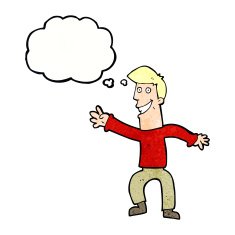 cartoon happy man dancing with thought bubble N41