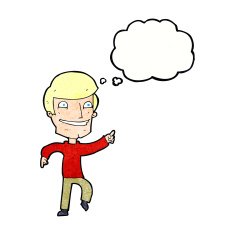 cartoon happy man pointing with thought bubble N61