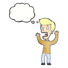 cartoon frightened man with thought bubble N86
