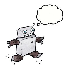 cartoon running robot with thought bubble N10