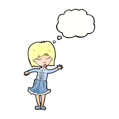 cartoon waving woman with thought bubble N149