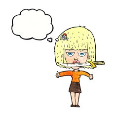 cartoon woman with knife between teeth thought bubble N38