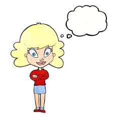 cartoon happy woman with folded arms thought bubble N20