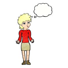 cartoon woman shrugging shoulders with thought bubble N499