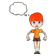 cartoon woman looking annoyed with thought bubble N10