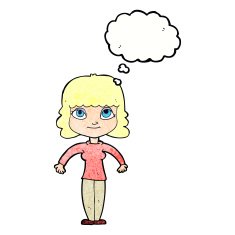cartoon woman shrugging shoulders with thought bubble N500