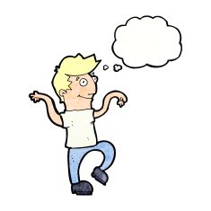 cartoon happy man doing funny dance with thought bubble N18
