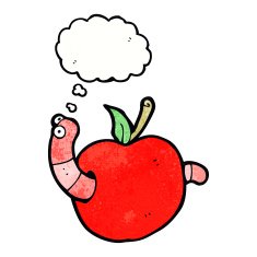 cartoon worm in apple with thought bubble N7