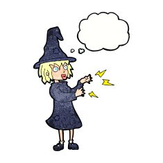 cartoon witch casting spell with thought bubble N20