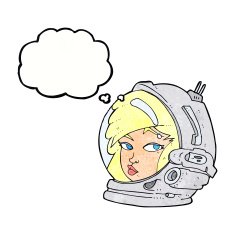 cartoon female astronaut with thought bubble N30