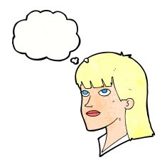 cartoon serious woman with thought bubble N20