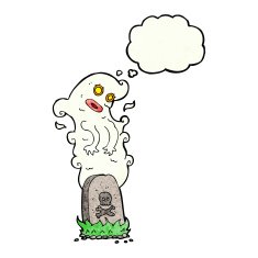 cartoon ghost rising from grave with thought bubble N26
