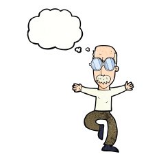 cartoon old man wearing big glasses with thought bubble N10