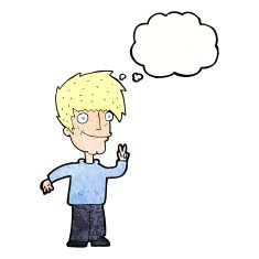 cartoon man giving peace sign with thought bubble N54