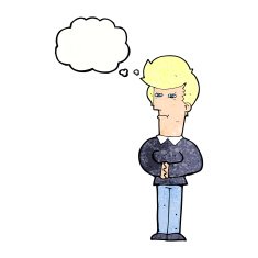 cartoon man narrowing his eyes with thought bubble N10