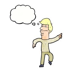 cartoon worried man pointing with thought bubble N29