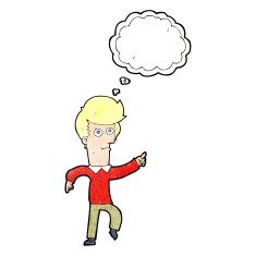 cartoon man pointing with thought bubble N202
