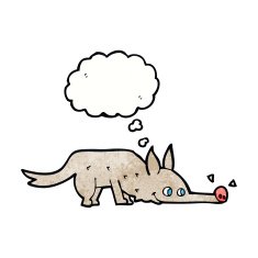 cartoon dog sniffing floor with thought bubble N4