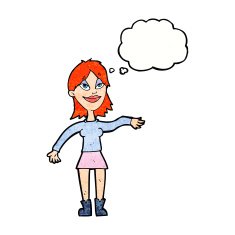 cartoon woman making hand gesture with thought bubble N10