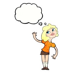 cartoon woman waving with thought bubble N342