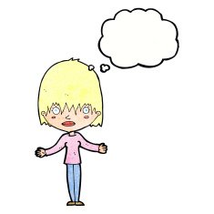 cartoon woman shrugging shoulders with thought bubble N502