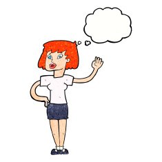 cartoon woman waving with thought bubble N343