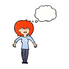 cartoon woman shrugging shoulders with thought bubble N504