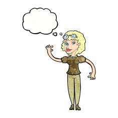 cartoon pilot woman waving with thought bubble N11