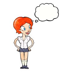 cartoon happy woman in short skirt with thought bubble N11