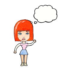 cartoon waving woman with thought bubble N152