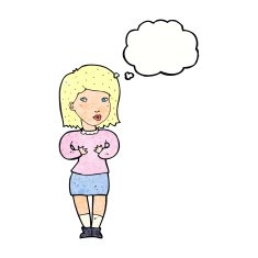 cartoon woman making excuses with thought bubble N19