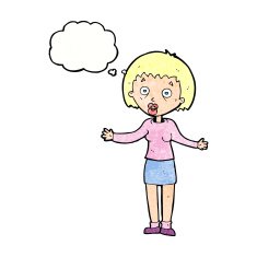 cartoon woman making excuses with thought bubble N20