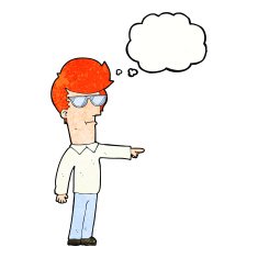 cartoon man in glasses pointing with thought bubble N11