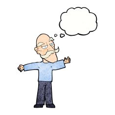 cartoon old man spreading arms wide with thought bubble N10