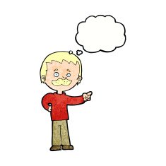 cartoon man with mustache pointing thought bubble N31