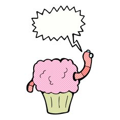 cartoon worm in cupcake with speech bubble N12