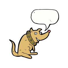 cartoon happy dog in big collar with speech bubble N12