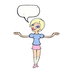 cartoon woman making open arm gesture with speech bubble N12
