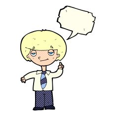cartoon school boy answering question with speech bubble N55