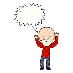 cartoon bearded man panicking with speech bubble N12