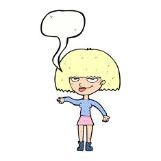 cartoon smug woman making dismissive gesture with speech bubble N11