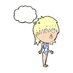 cartoon woman in swimsuit shrugging shoulders with speech bubble N8