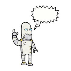cartoon waving robot with speech bubble N25
