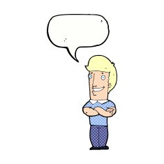 cartoon man with folded arms grinning speech bubble N12