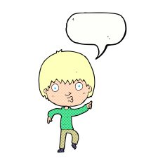 cartoon impressed boy pointing with speech bubble N12