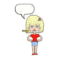 cartoon woman with knife between teeth speech bubble N42