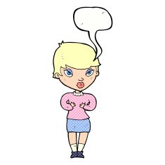 cartoon woman gesturing at self with speech bubble N34