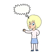 cartoon woman making welcome gesture with speech bubble N12