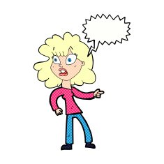 cartoon worried woman pointing with speech bubble N11
