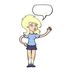 cartoon pretty woman waving for attention with speech bubble N12